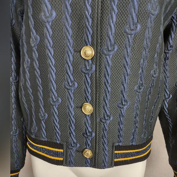 3.1 Phillip Lim Brocade Cable Print Varsity Bomber Black & Blue Jacket Size 4 - Picture 13 of 16
